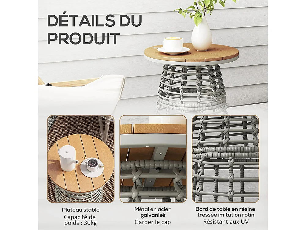 Table basse de jardin table d'appoint extérieur ronde en résine aspect rotin acier et plateau composite Ø45 x 50 cm， gris