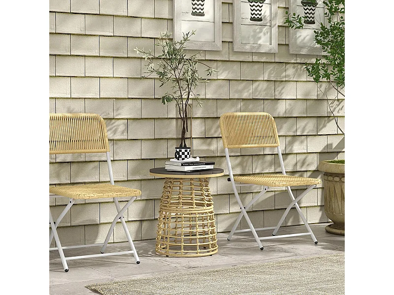 Table basse de jardin ronde en résine aspect rotin métal et plateau composite, dim. Ø45 x 50H cm