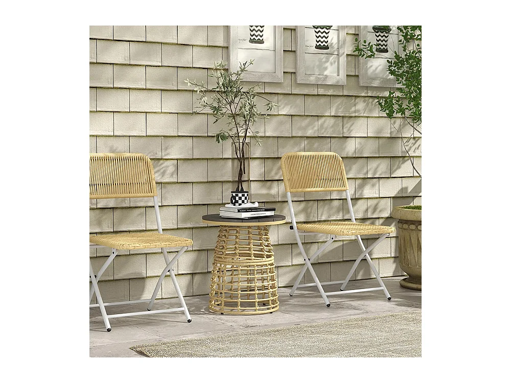 Table basse de jardin ronde en résine aspect rotin métal et plateau composite, dim. Ø45 x 50H cm