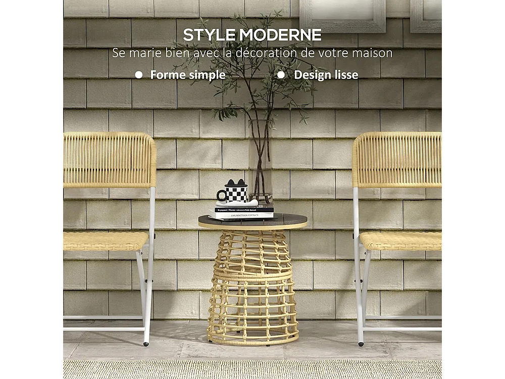 Table basse de jardin ronde en résine aspect rotin métal et plateau composite, dim. Ø45 x 50H cm