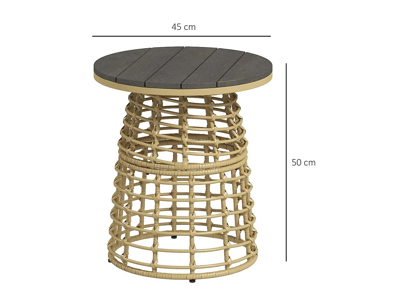 Table basse de jardin ronde en résine aspect rotin métal et plateau composite, dim. Ø45 x 50H cm