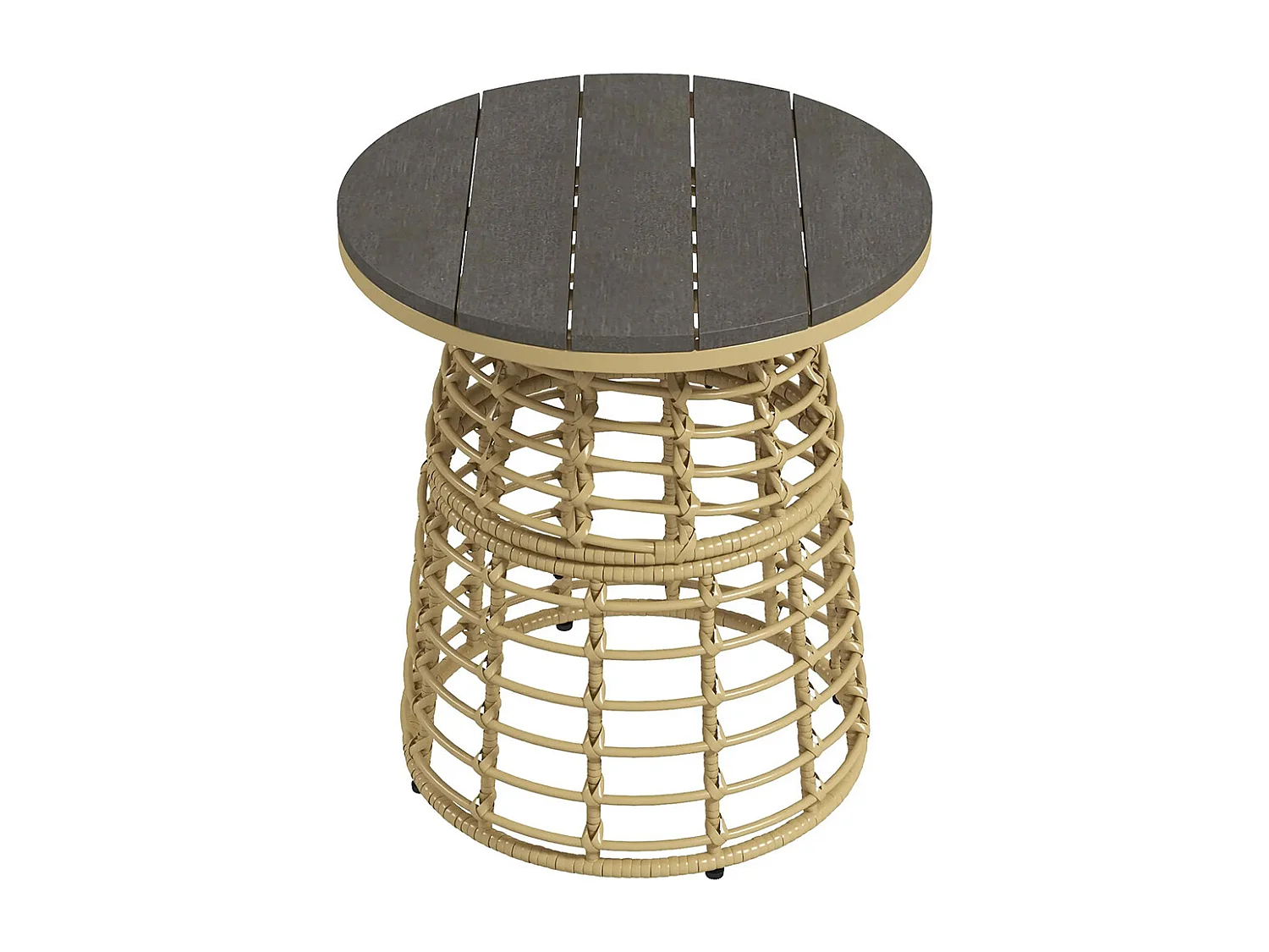 Table basse de jardin ronde en résine aspect rotin métal et plateau composite, dim. Ø45 x 50H cm