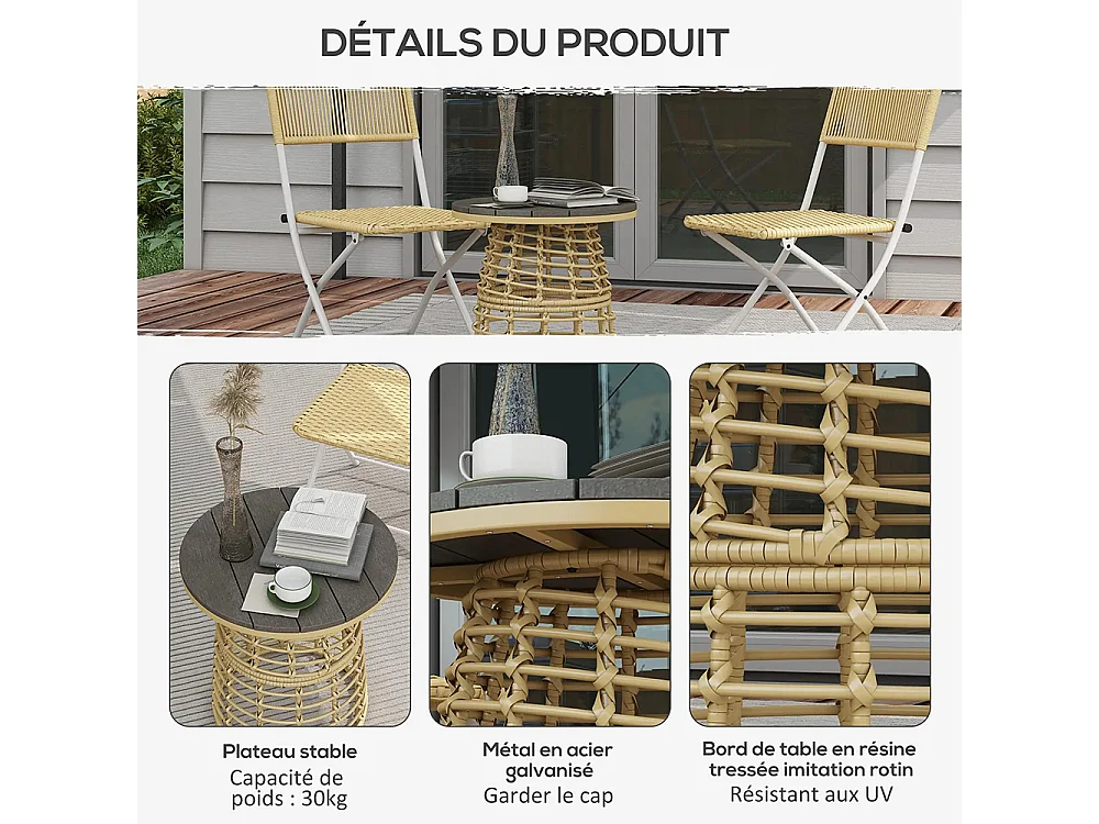 Table basse de jardin ronde en résine aspect rotin métal et plateau composite, dim. Ø45 x 50H cm