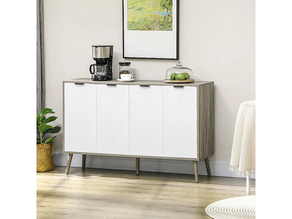 Buffet bas meuble de rangement 2 placards 4 portes motif chevrons étagères réglables 120 x 35 x 77,4 cm blanc et gris