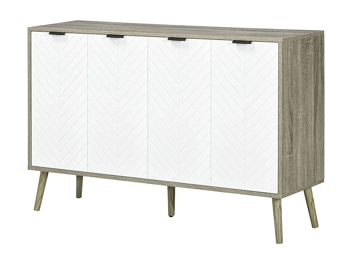 Buffet bas meuble de rangement 2 placards 4 portes motif chevrons étagères réglables 120 x 35 x 77,4 cm blanc et gris
