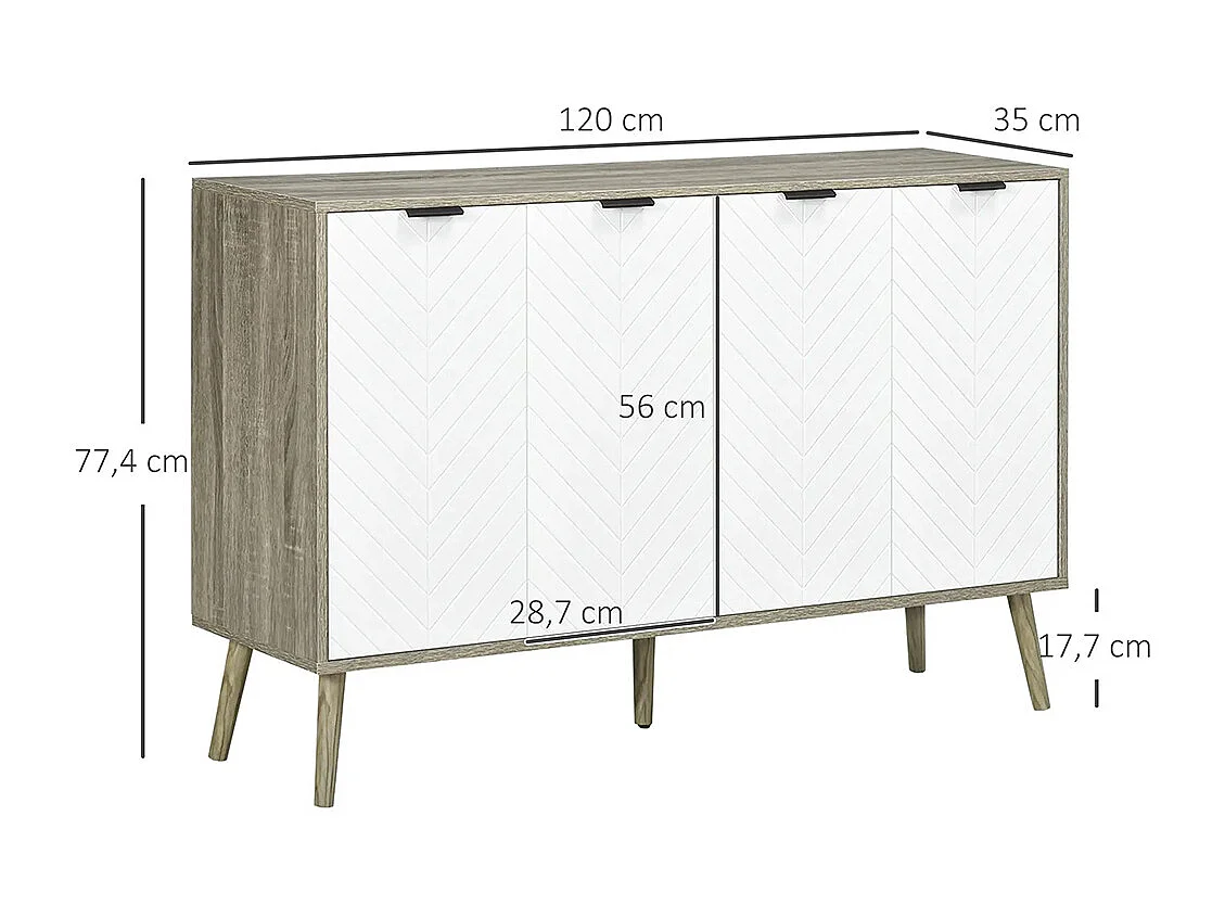 Buffet bas meuble de rangement 2 placards 4 portes motif chevrons étagères réglables 120 x 35 x 77,4 cm blanc et gris