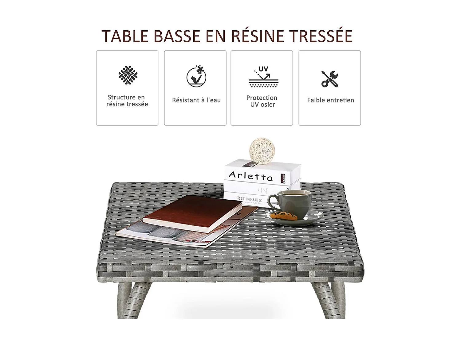 Table basse de jardin style cosy chic table d'appoint métal époxy résine tressée imitation rotin ，gris