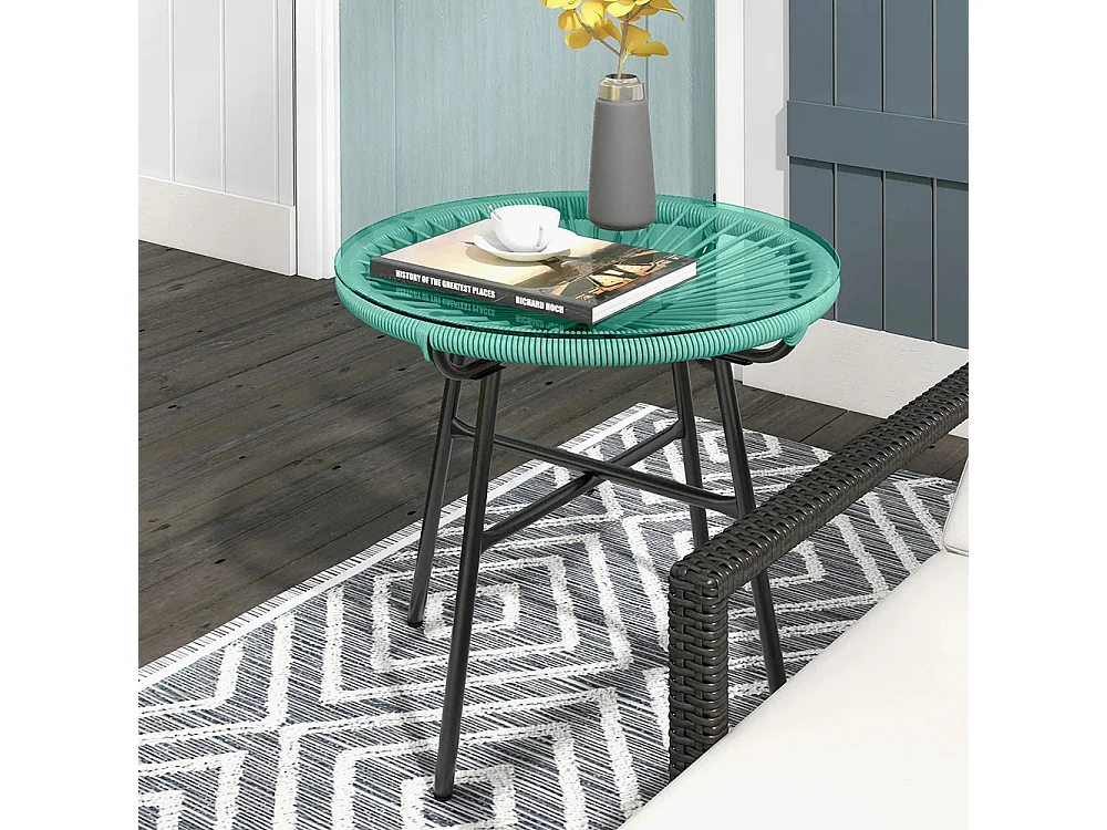 Table basse ronde de jardin en résine aspect rotin métal et plateau verre trempé Ø 50 x 50H cm