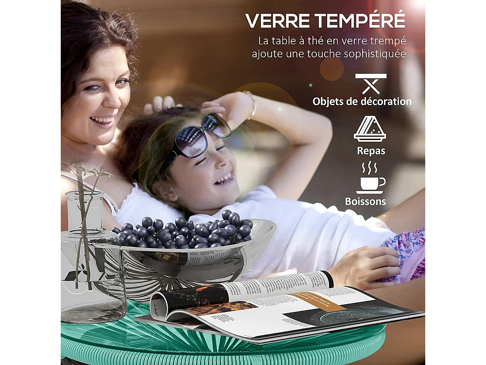 Table basse ronde de jardin en résine aspect rotin métal et plateau verre trempé Ø 50 x 50H cm