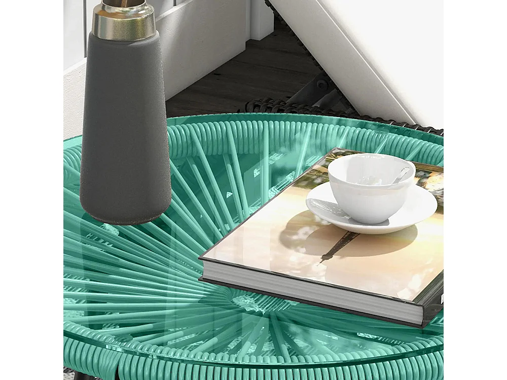 Table basse ronde de jardin en résine aspect rotin métal et plateau verre trempé Ø 50 x 50H cm