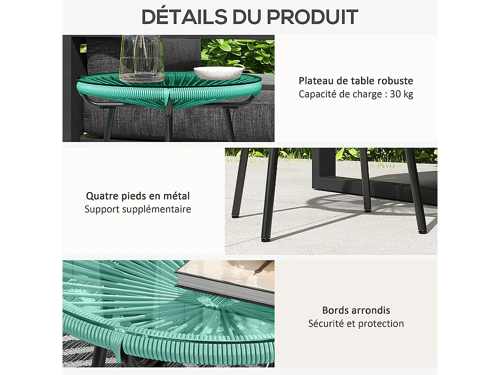 Table basse ronde de jardin en résine aspect rotin métal et plateau verre trempé Ø 50 x 50H cm