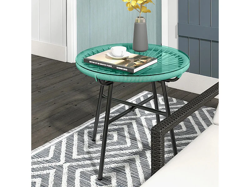 Table basse ronde de jardin en résine aspect rotin métal et plateau verre trempé Ø 50 x 50H cm