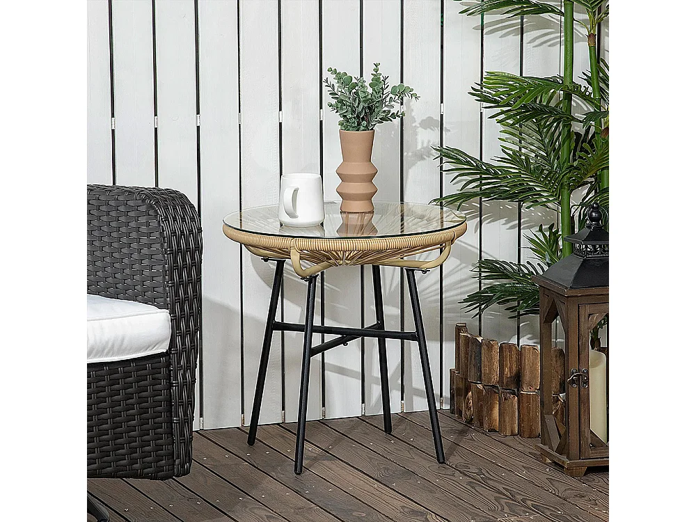 Table basse ronde de jardin en résine aspect rotin métal et plateau verre trempé Ø 50 x 50H cm
