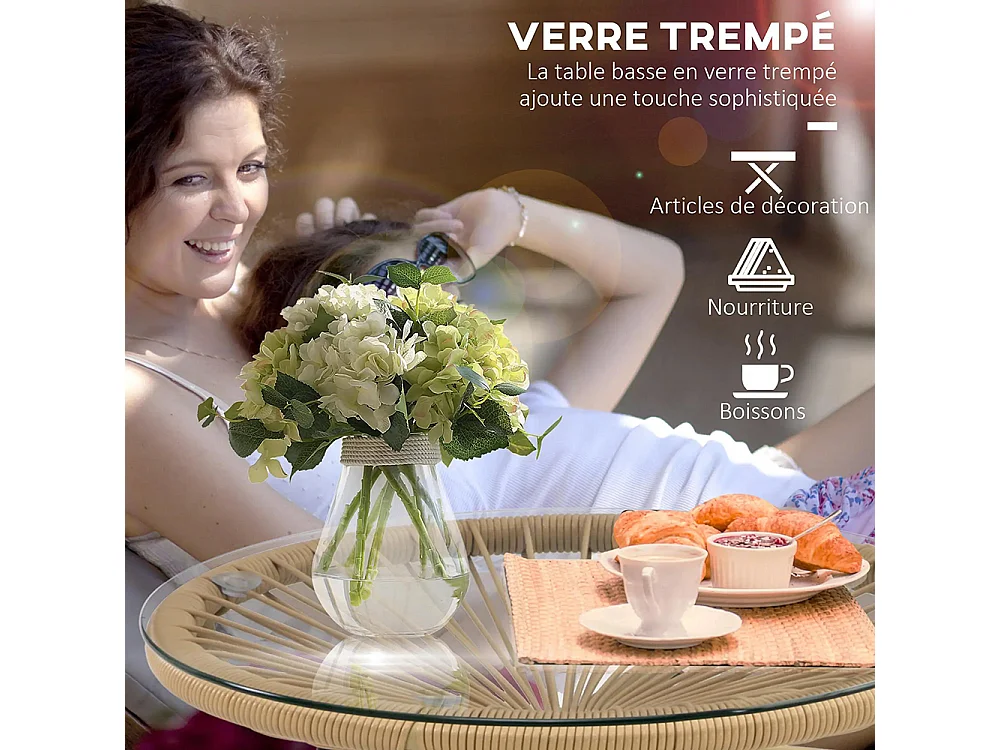 Table basse ronde de jardin en résine aspect rotin métal et plateau verre trempé Ø 50 x 50H cm