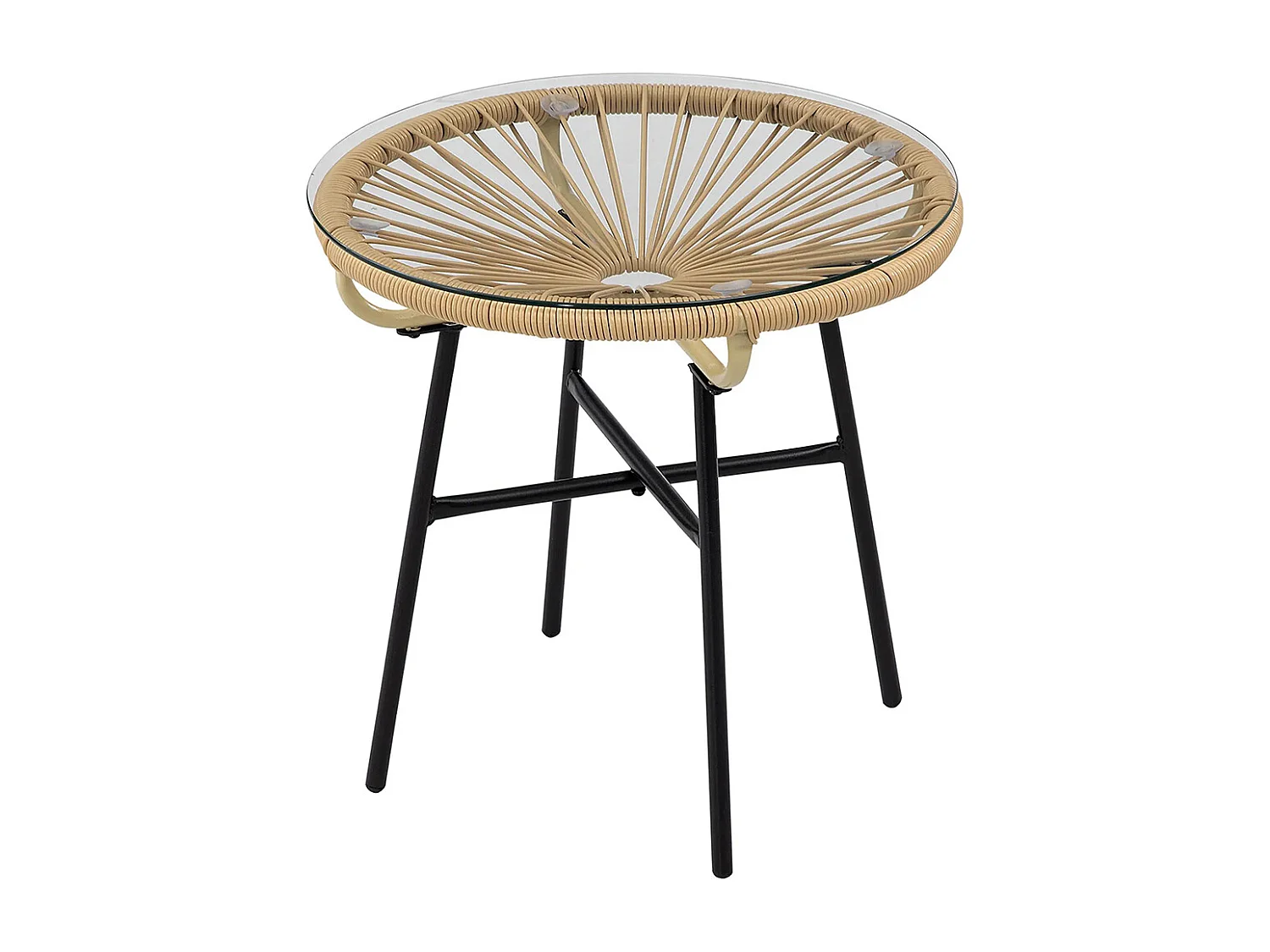 Table basse ronde de jardin en résine aspect rotin métal et plateau verre trempé Ø 50 x 50H cm