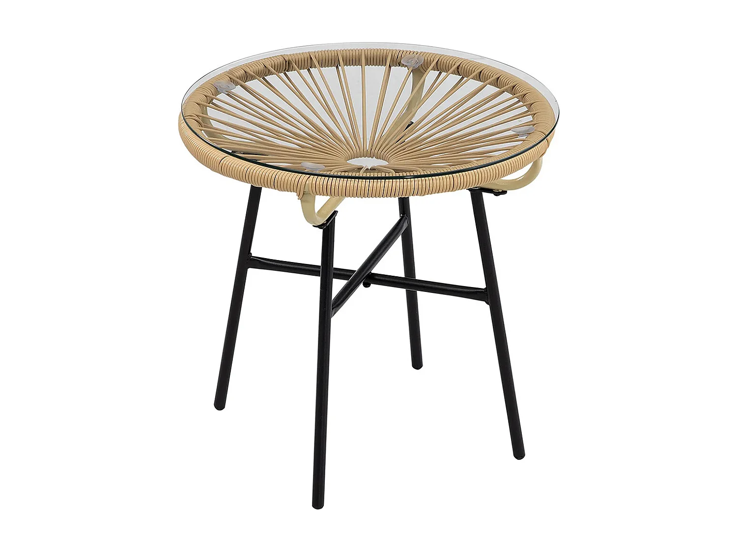 Table basse ronde de jardin en résine aspect rotin métal et plateau verre trempé Ø 50 x 50H cm