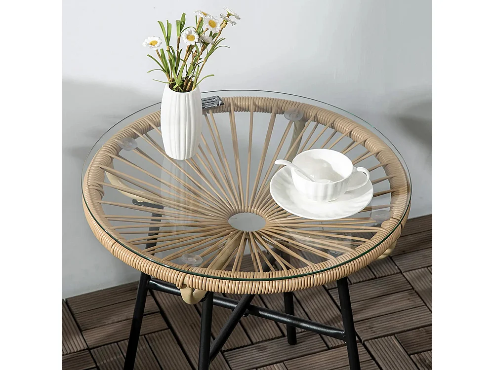 Table basse ronde de jardin en résine aspect rotin métal et plateau verre trempé Ø 50 x 50H cm