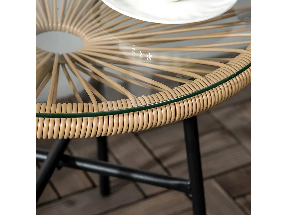 Table basse ronde de jardin en résine aspect rotin métal et plateau verre trempé Ø 50 x 50H cm