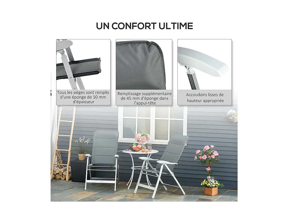 Lot de 2 chaises de jardin pliantes fauteuil d'extérieur avec dossier haut inclinable multipositions accoudoirs