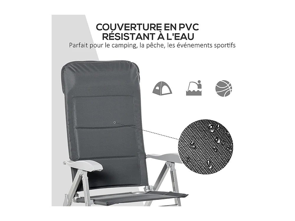 Lot de 2 chaises de jardin pliantes fauteuil d'extérieur avec dossier haut inclinable multipositions accoudoirs