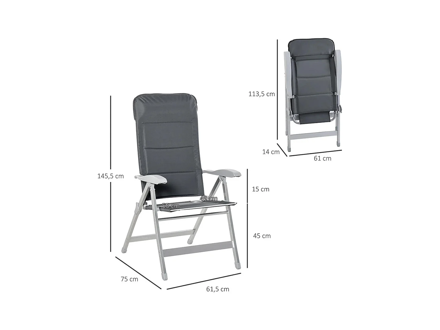 Lot de 2 chaises de jardin pliantes fauteuil d'extérieur avec dossier haut inclinable multipositions accoudoirs