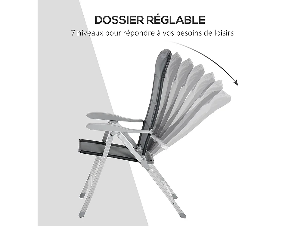 Lot de 2 chaises de jardin pliantes fauteuil d'extérieur avec dossier haut inclinable multipositions accoudoirs