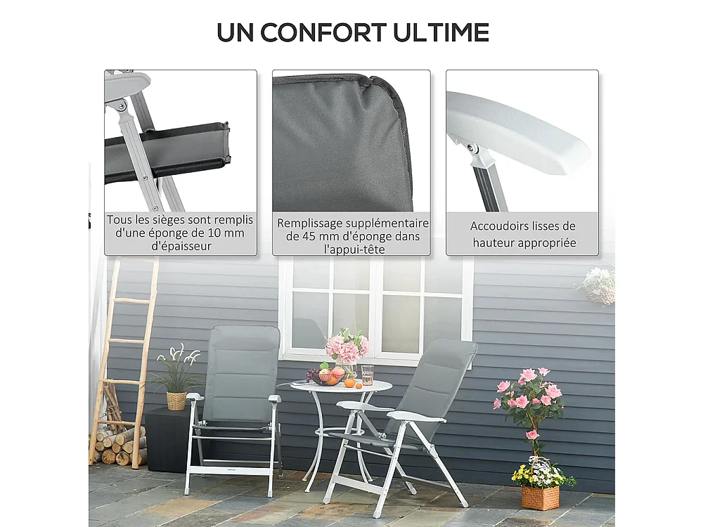 Lot de 2 chaises de jardin pliantes fauteuil d'extérieur avec dossier haut inclinable multipositions accoudoirs