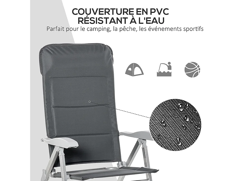 Lot de 2 chaises de jardin pliantes fauteuil d'extérieur avec dossier haut inclinable multipositions accoudoirs