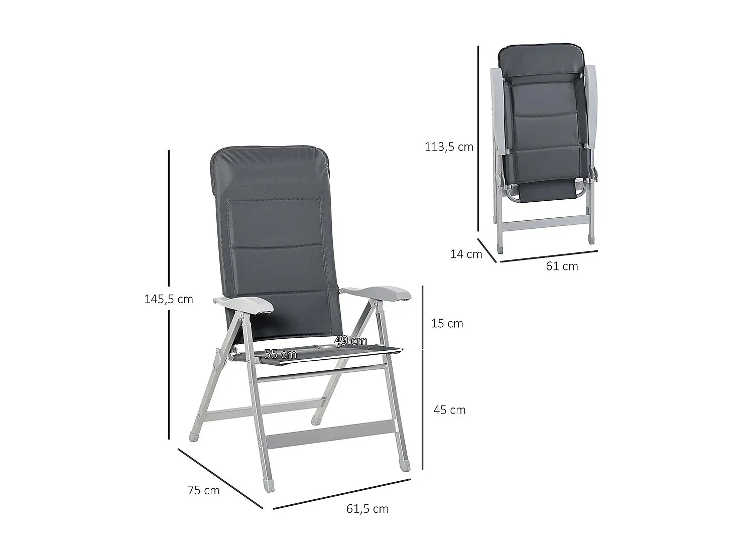 Lot de 2 chaises de jardin pliantes fauteuil d'extérieur avec dossier haut inclinable multipositions accoudoirs