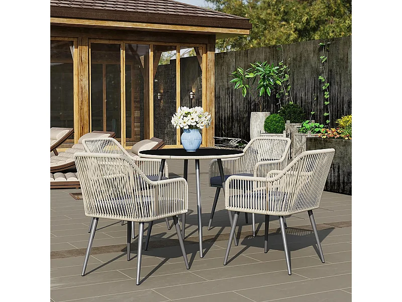 Salon de jardin extérieur en résine tressée 4 places - coussins et table ronde en verre, pour terrasse, jardin, marron