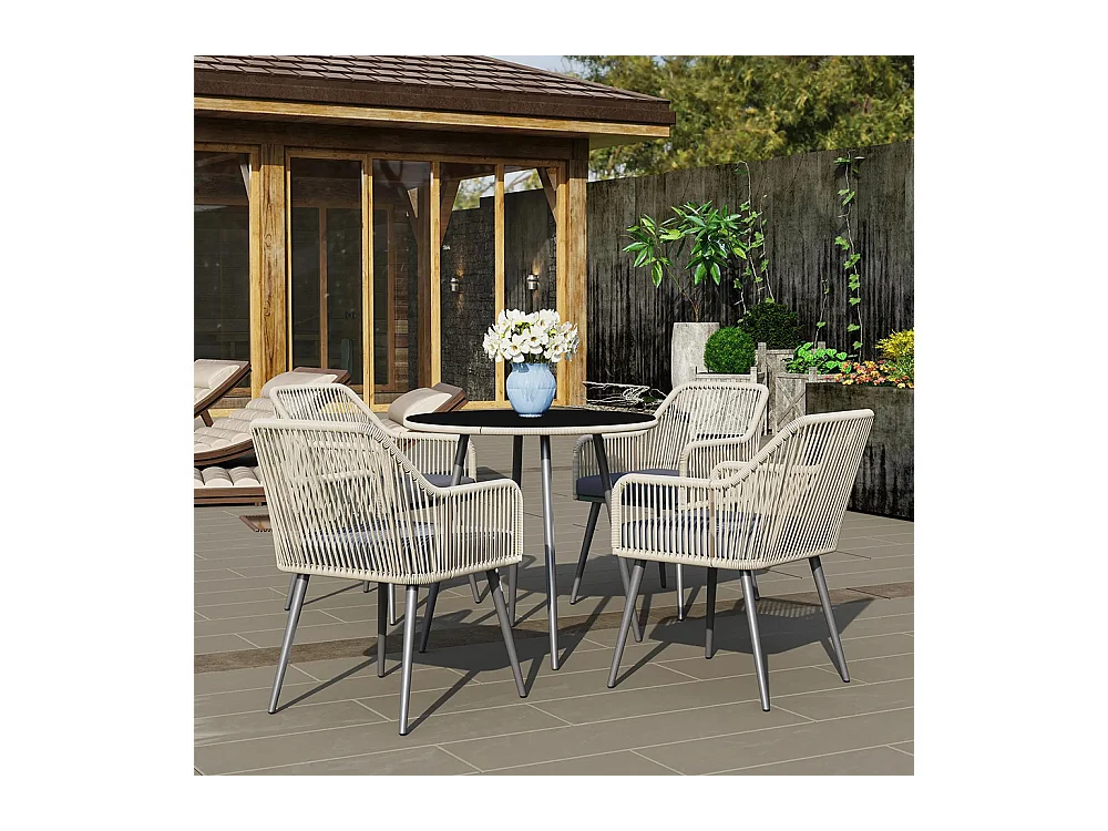 Salon de jardin extérieur en résine tressée 4 places - coussins et table ronde en verre, pour terrasse, jardin, marron