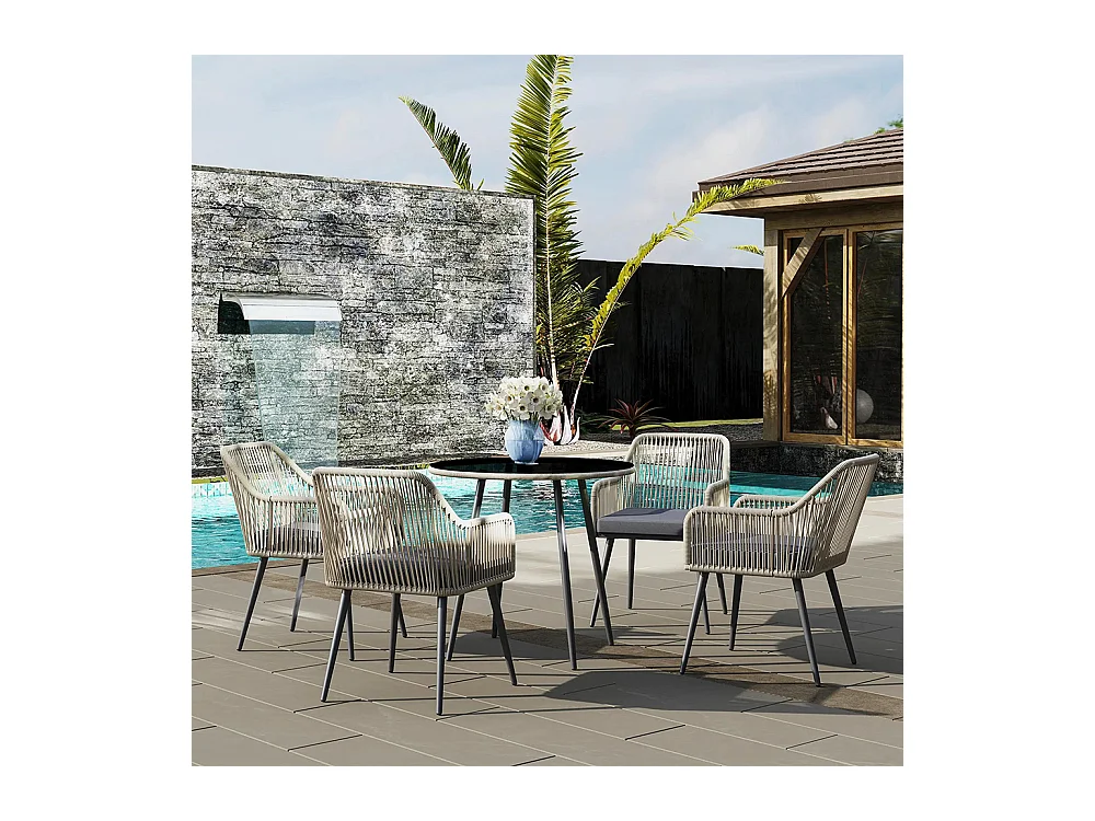 Salon de jardin extérieur en résine tressée 4 places - coussins et table ronde en verre, pour terrasse, jardin, marron