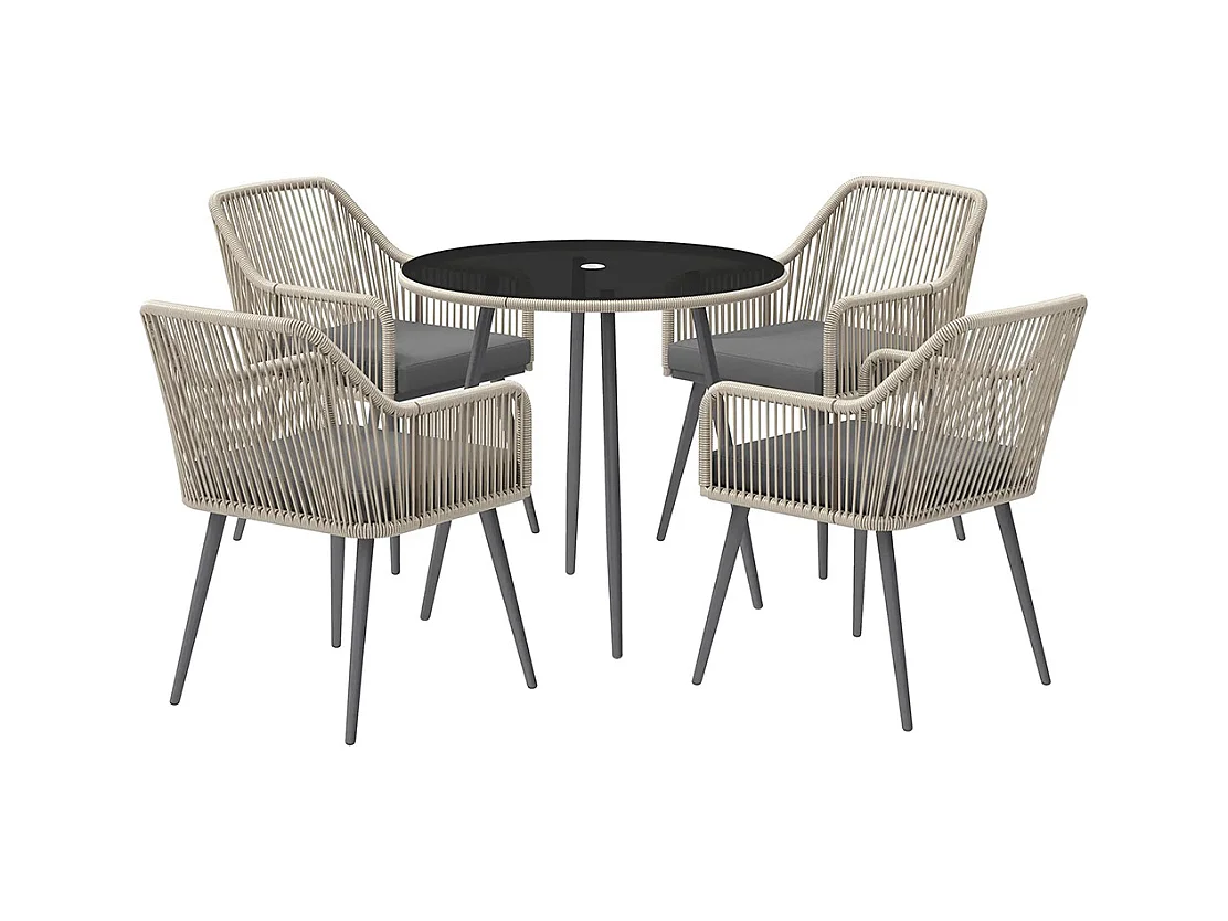 Salon de jardin extérieur en résine tressée 4 places - coussins et table ronde en verre, pour terrasse, jardin, marron