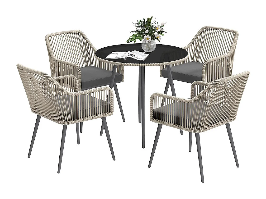 Salon de jardin extérieur en résine tressée 4 places - coussins et table ronde en verre, pour terrasse, jardin, marron