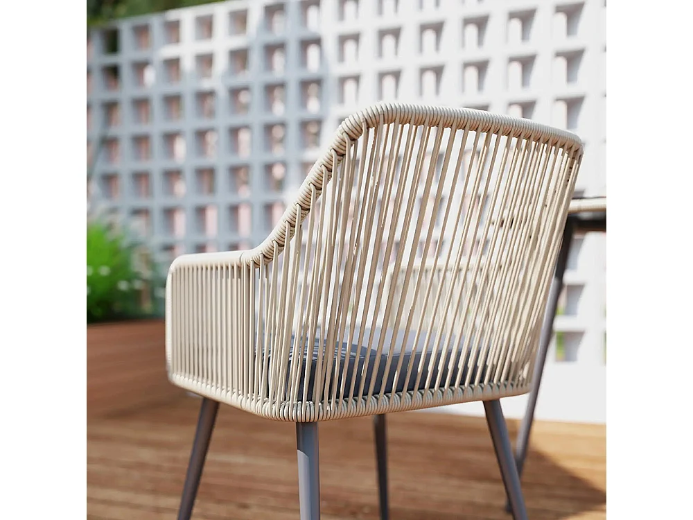 Salon de jardin extérieur en résine tressée 4 places - coussins et table ronde en verre, pour terrasse, jardin, marron