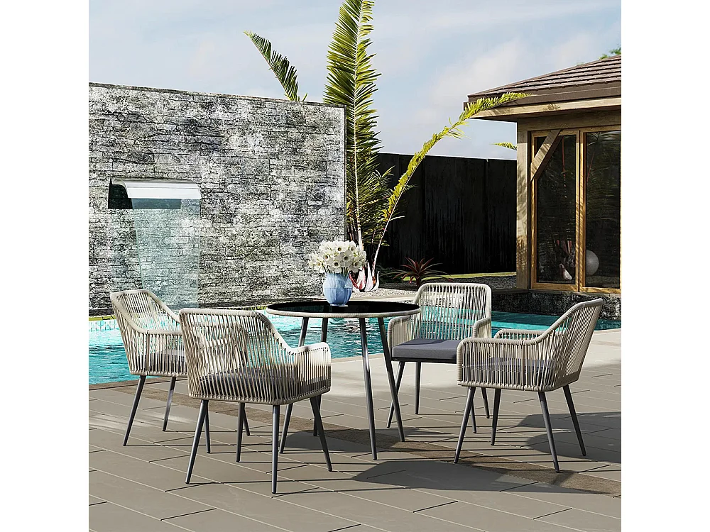 Salon de jardin extérieur en résine tressée 4 places - coussins et table ronde en verre, pour terrasse, jardin, marron