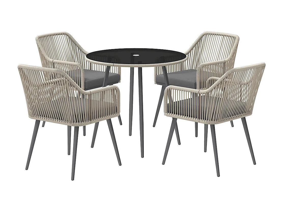 Salon de jardin extérieur en résine tressée 4 places - coussins et table ronde en verre, pour terrasse, jardin, marron