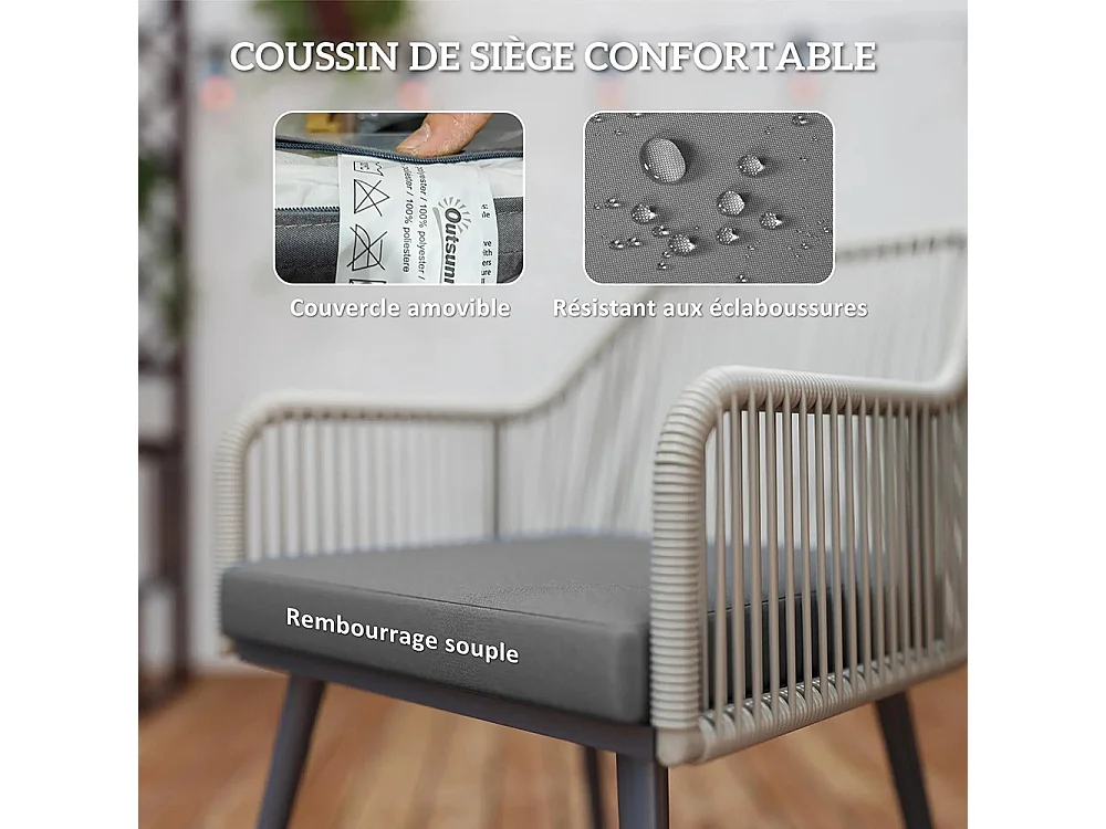 Salon de jardin extérieur en résine tressée 4 places - coussins et table ronde en verre, pour terrasse, jardin, marron