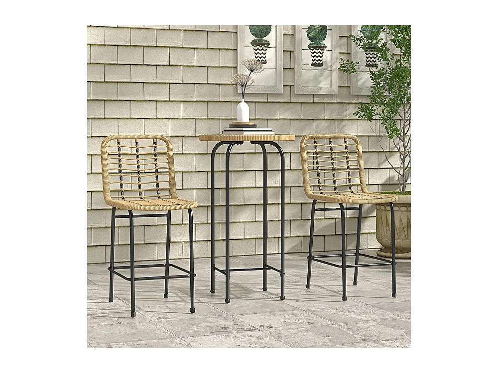 Ensemble 3 pièces 1 table haute ronde design bohème + 2 tabourets ronds avec repose-pied en métal 2 personnes， naturel