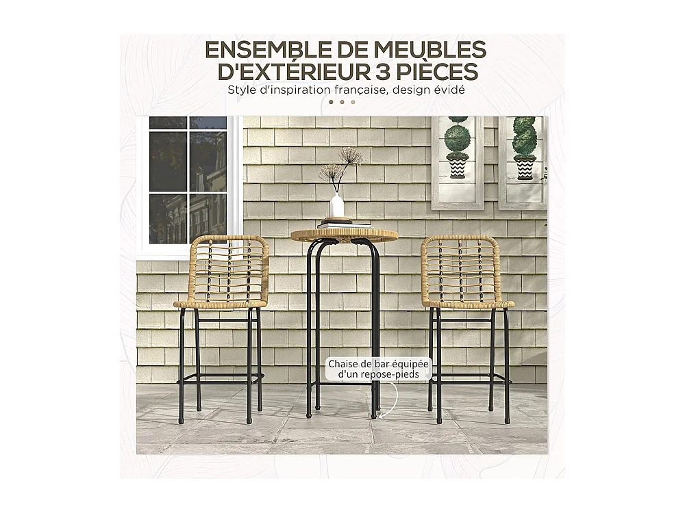 Ensemble 3 pièces 1 table haute ronde design bohème + 2 tabourets ronds avec repose-pied en métal 2 personnes， naturel