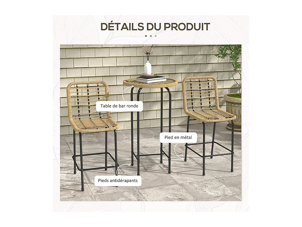 Ensemble 3 pièces 1 table haute ronde design bohème + 2 tabourets ronds avec repose-pied en métal 2 personnes， naturel