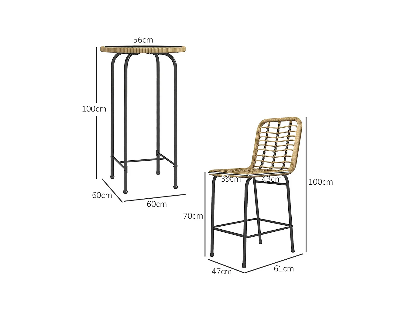 Ensemble 3 pièces 1 table haute ronde design bohème + 2 tabourets ronds avec repose-pied en métal 2 personnes， naturel