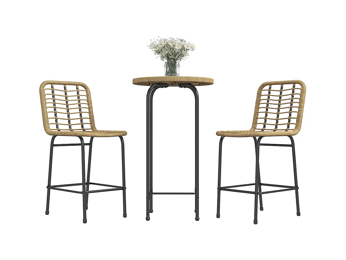 Ensemble 3 pièces 1 table haute ronde design bohème + 2 tabourets ronds avec repose-pied en métal 2 personnes， naturel