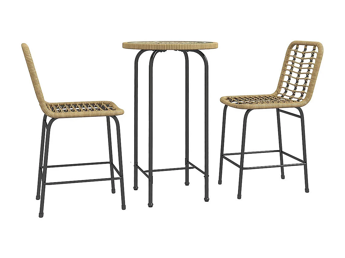 Ensemble 3 pièces 1 table haute ronde design bohème + 2 tabourets ronds avec repose-pied en métal 2 personnes， naturel