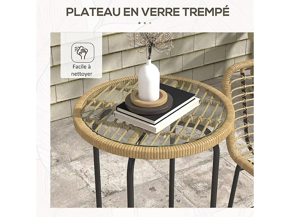 Ensemble 3 pièces 1 table haute ronde design bohème + 2 tabourets ronds avec repose-pied en métal 2 personnes， naturel