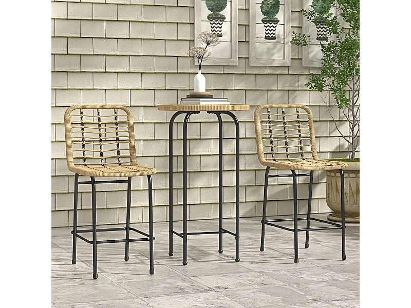 Ensemble 3 pièces 1 table haute ronde design bohème + 2 tabourets ronds avec repose-pied en métal 2 personnes， naturel