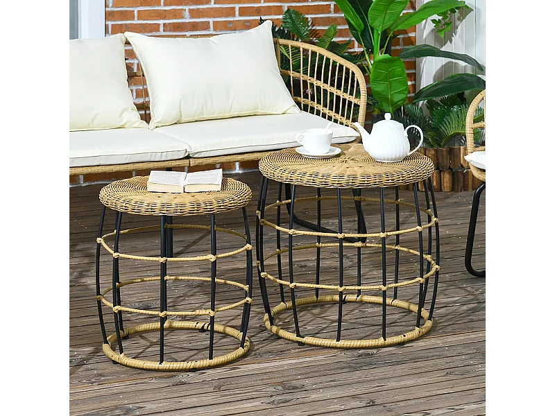 Lot de 2 tables basses gigognes de jardin table d'appoint ronde encastrables résine tressée imitation rotin ,kaki foncé