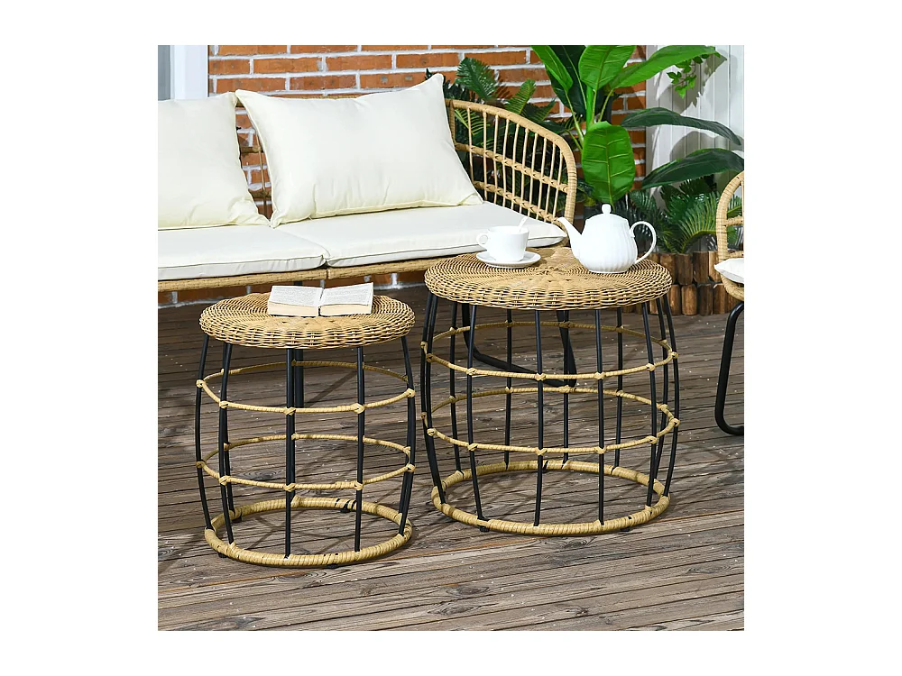 Lot de 2 tables basses gigognes de jardin table d'appoint ronde encastrables résine tressée imitation rotin ,kaki foncé