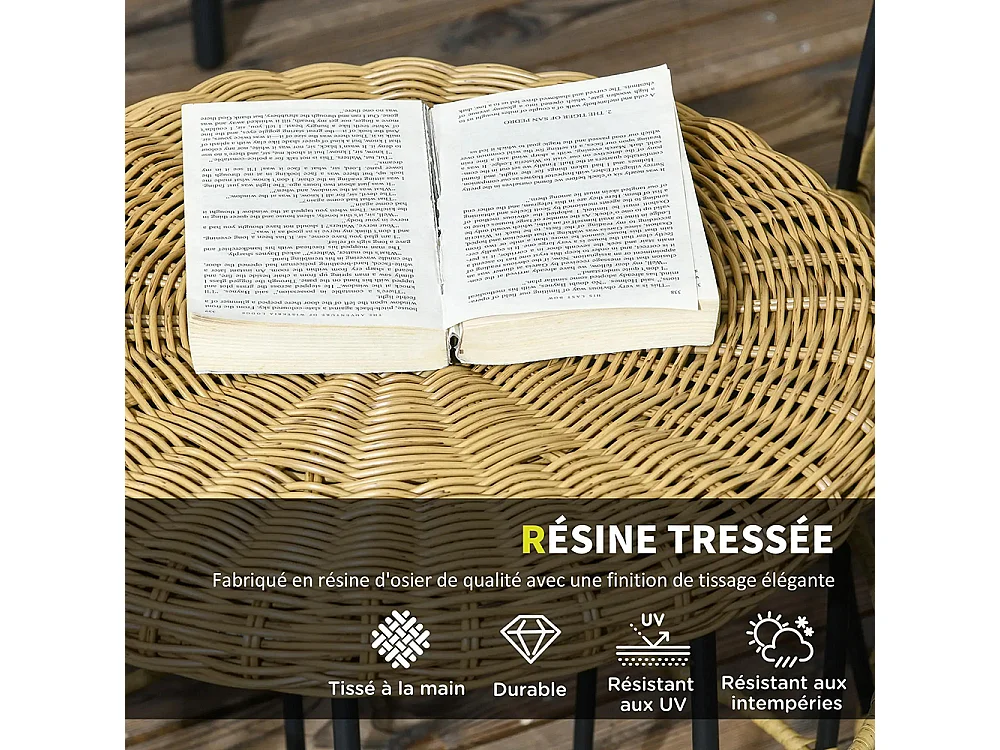 Lot de 2 tables basses gigognes de jardin table d'appoint ronde encastrables résine tressée imitation rotin ,kaki foncé