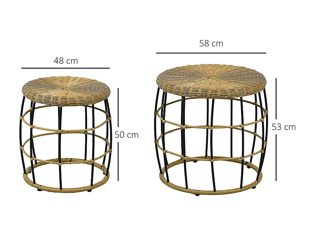 Lot de 2 tables basses gigognes de jardin table d'appoint ronde encastrables résine tressée imitation rotin ,kaki foncé